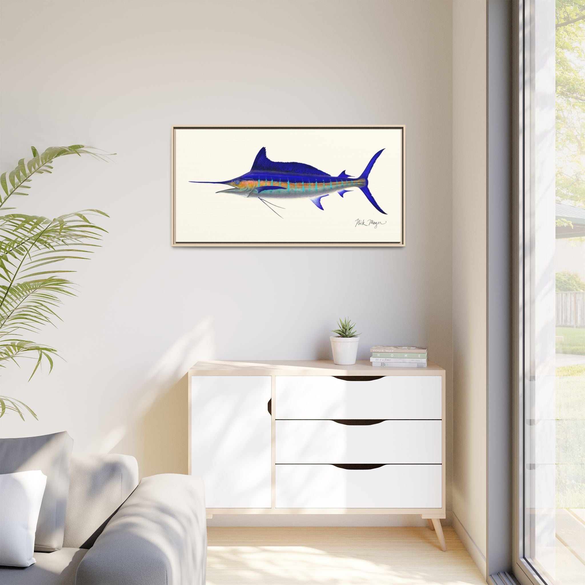 Striped Marlin Framed Canvas Print Printify