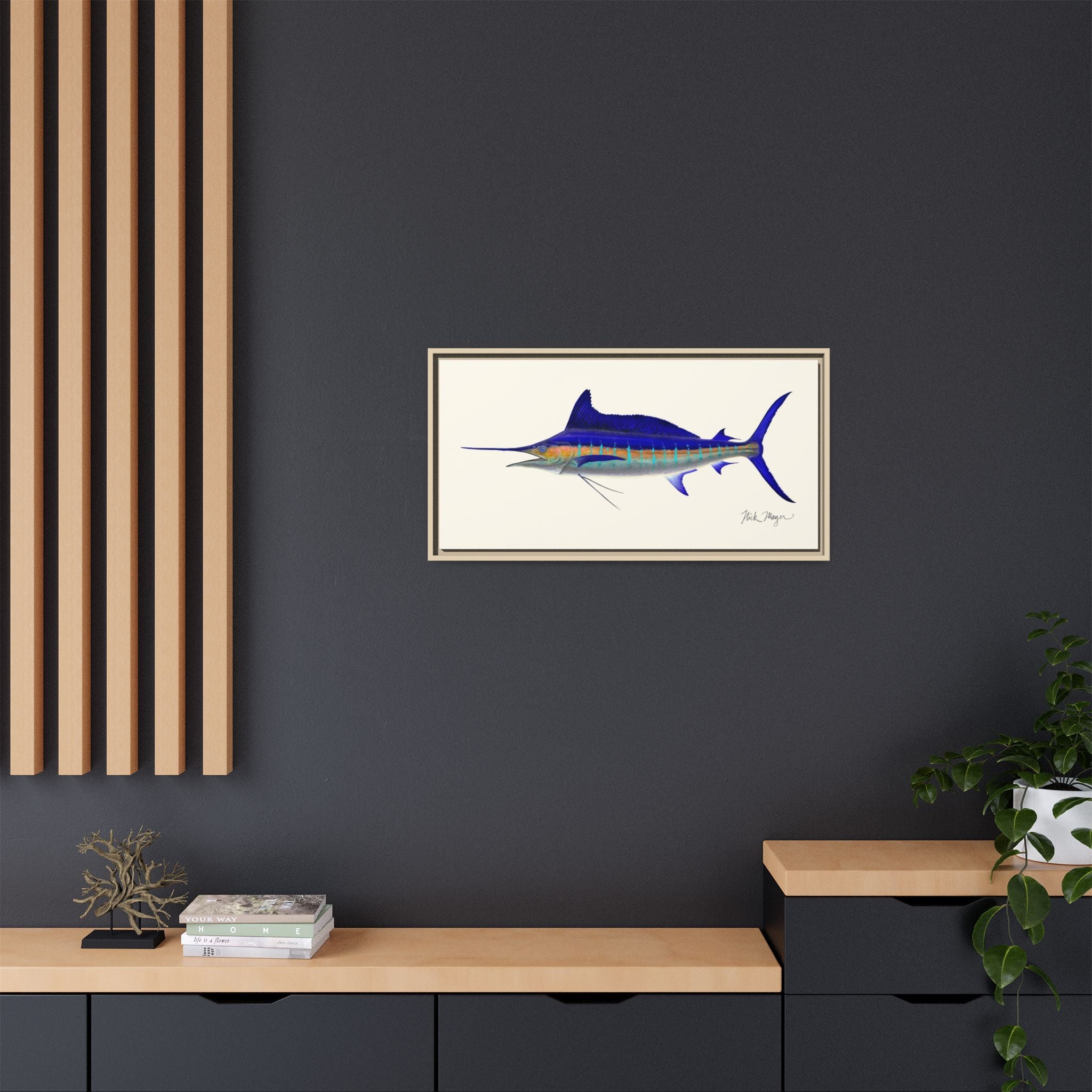 Striped Marlin Framed Canvas Print Printify