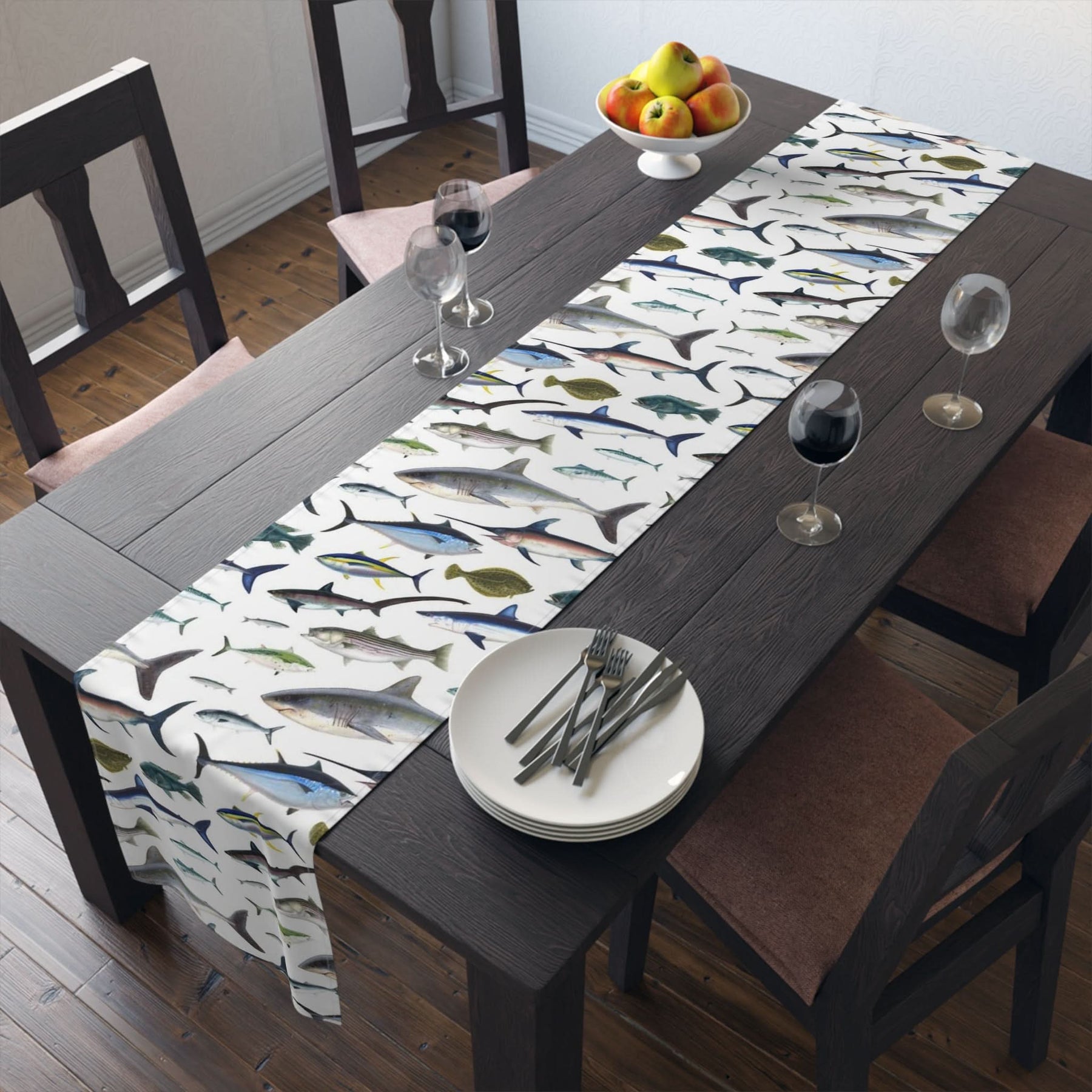 NE Fish White Cotton Table Runner