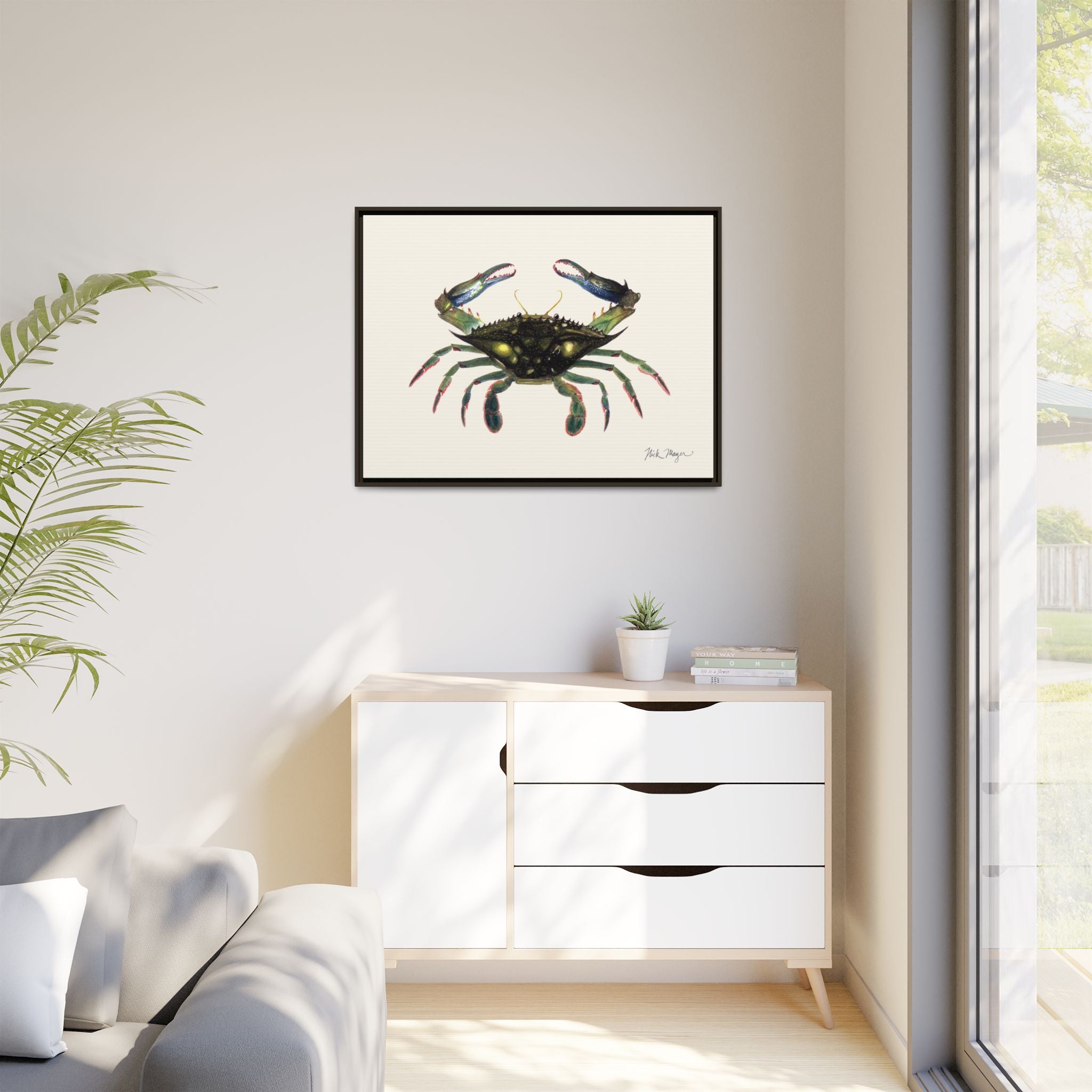 Blue Crab, Claws in Framed Canvas Print Printify