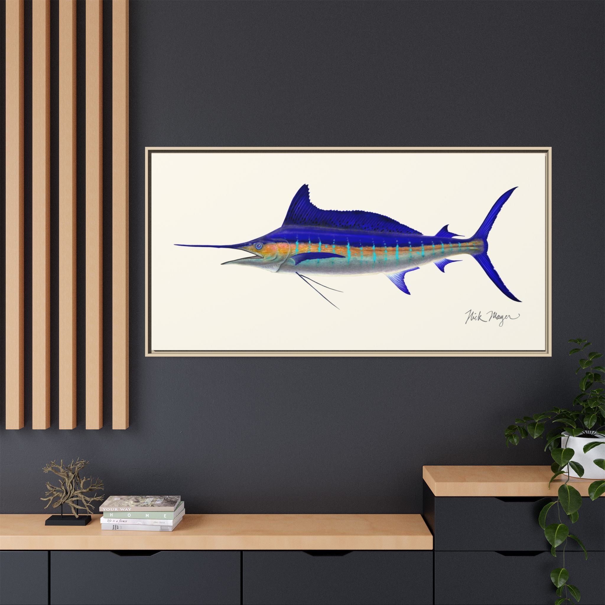 Striped Marlin Framed Canvas Print Printify
