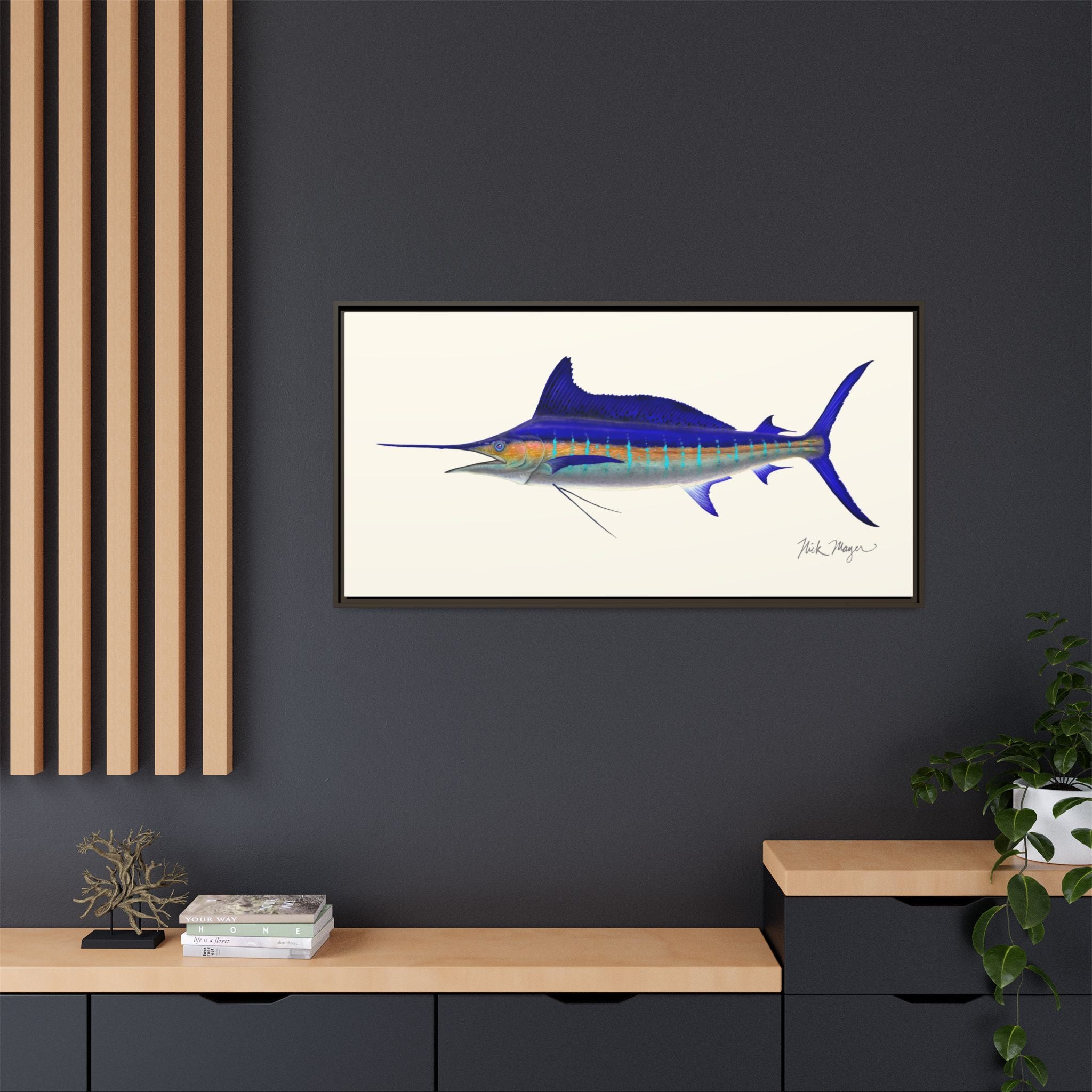 Striped Marlin Framed Canvas Print Printify
