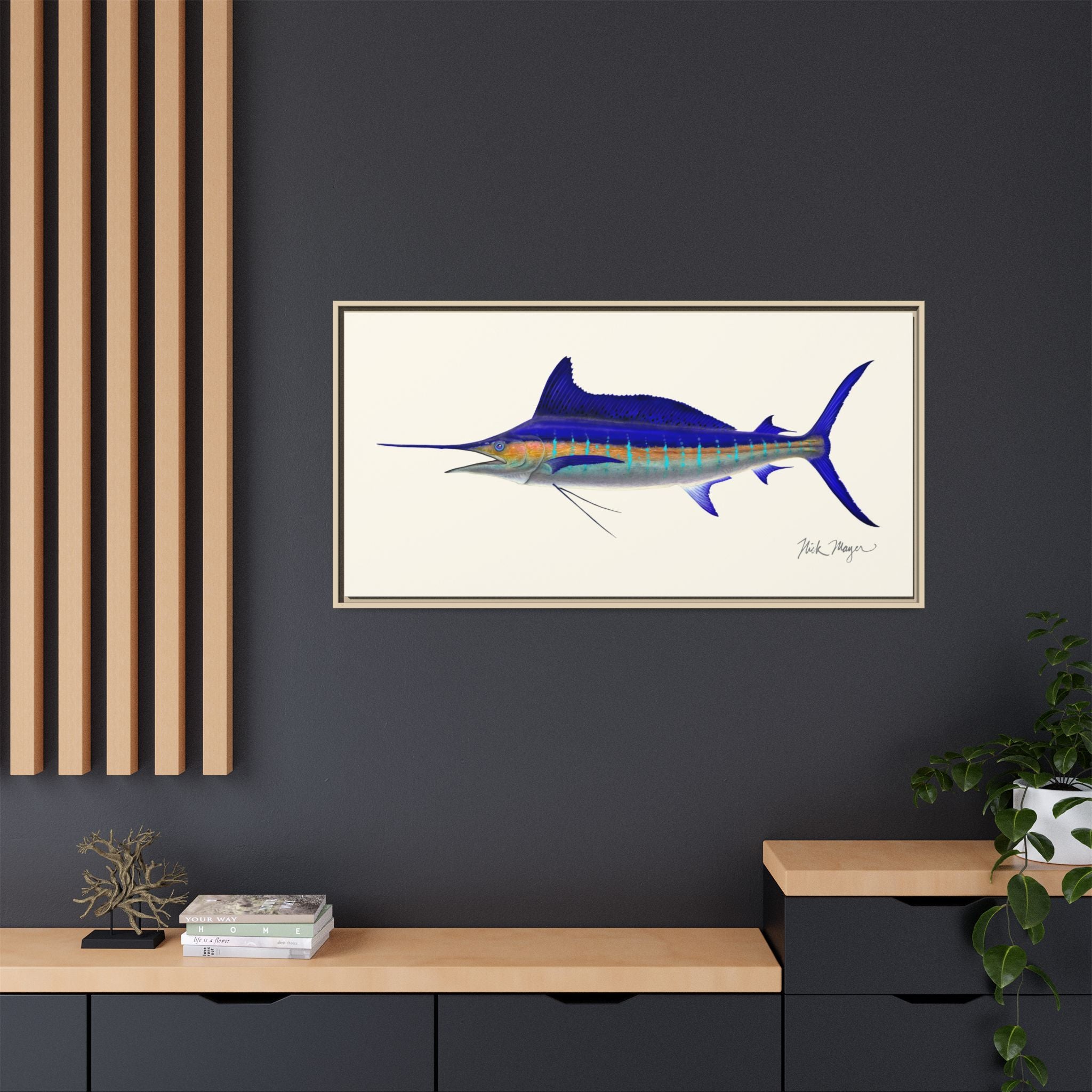 Striped Marlin Framed Canvas Print Printify