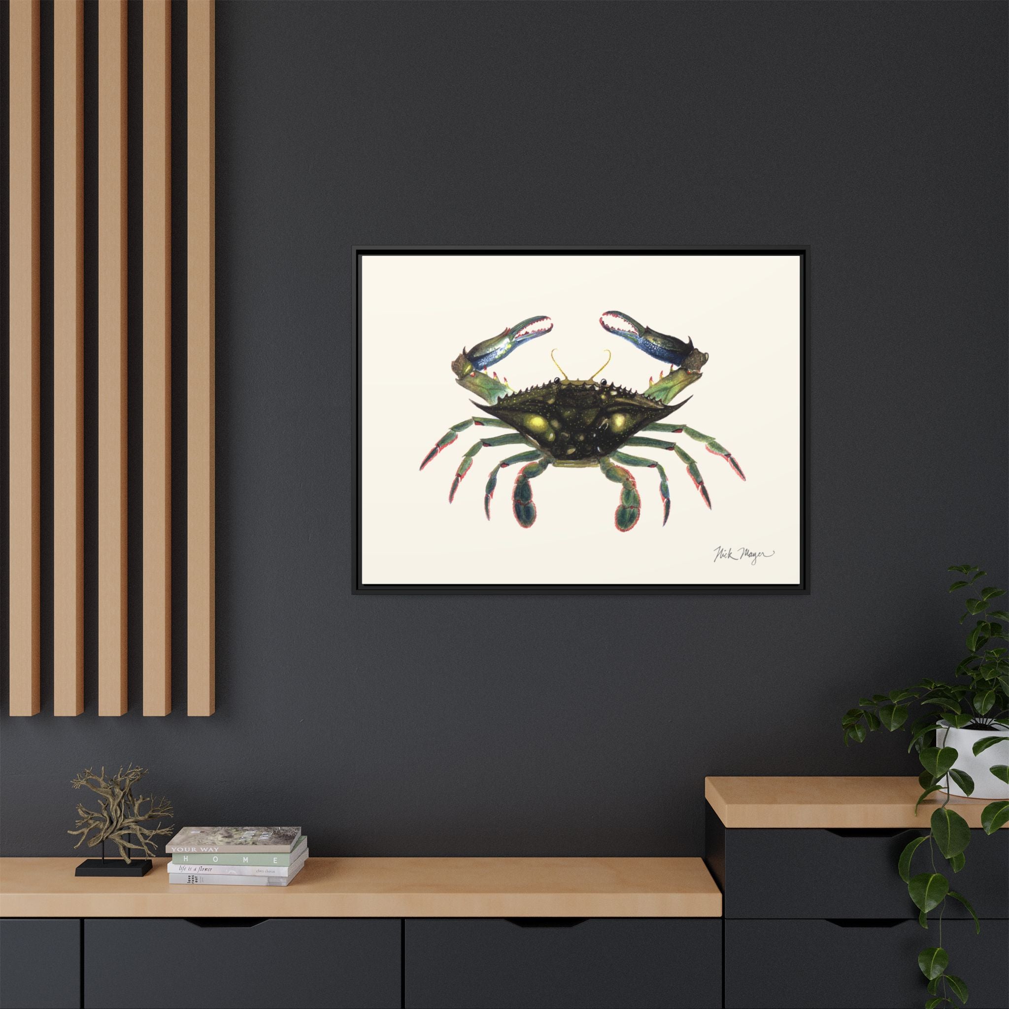 Blue Crab, Claws in Framed Canvas Print Printify