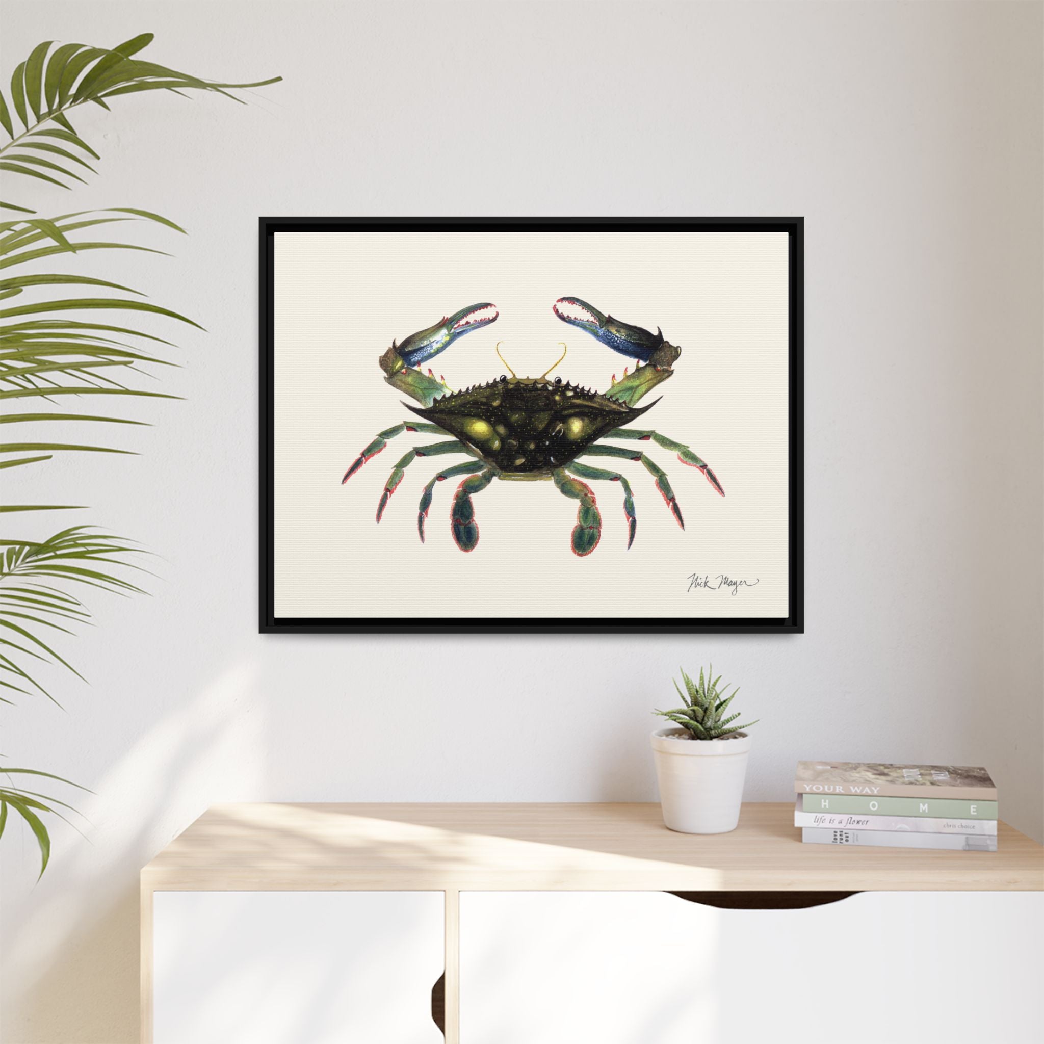 Blue Crab, Claws in Framed Canvas Print Printify