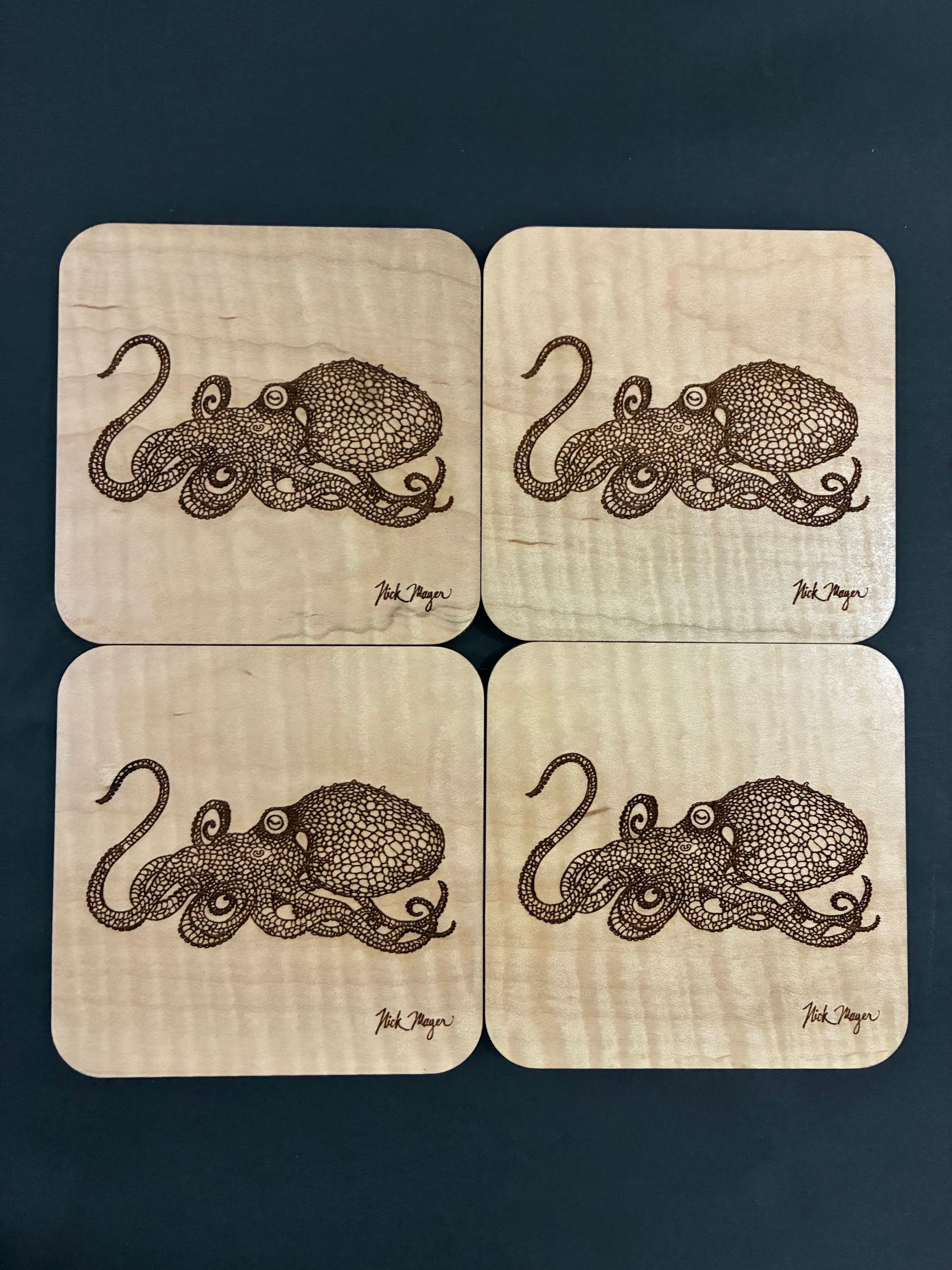 Set of 4 Two-Spot Octopus Hand-crafted Wooden Coasters - Limited Edition