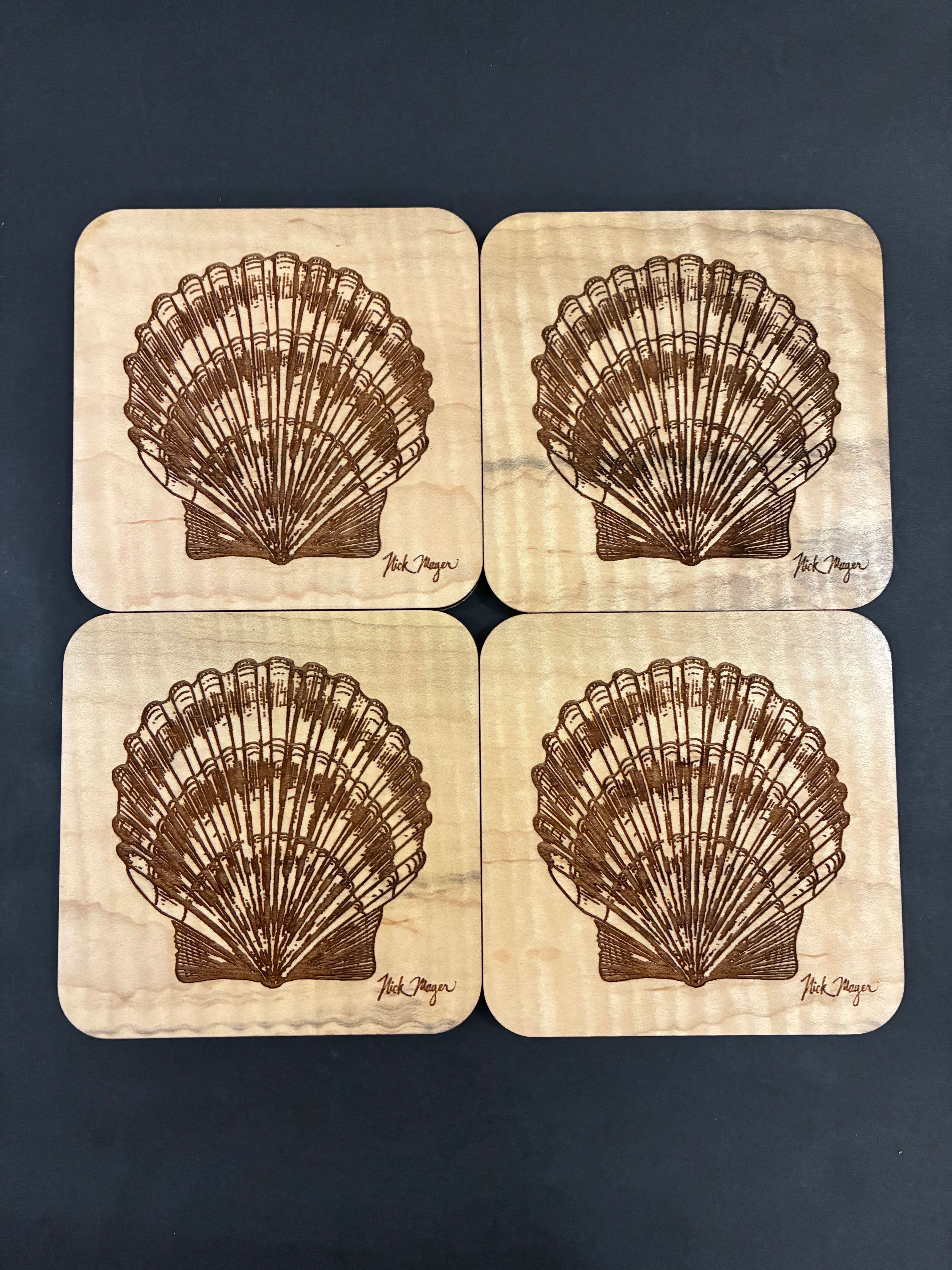 Set of 4 Scallop Hand-crafted Wooden Coasters - Limited Edition