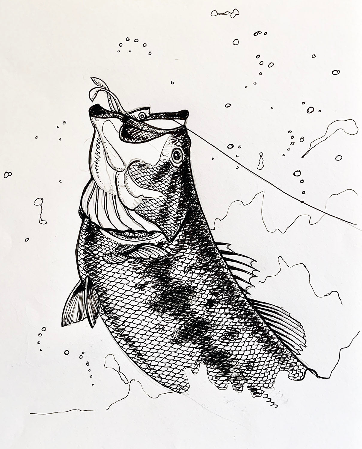This One-of-a-Kind Original Ink Drawing of a Largemouth Bass