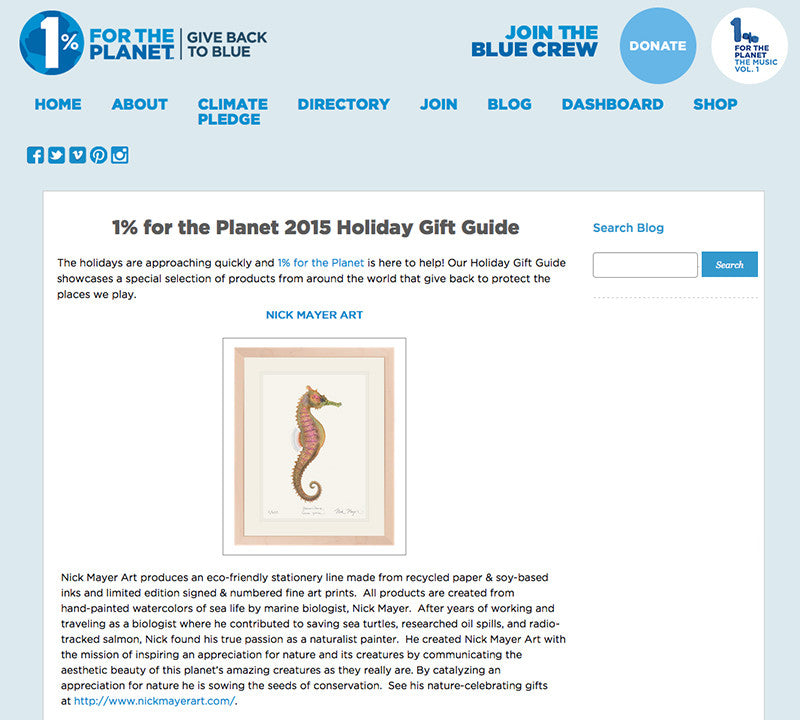 Nick Mayer Art featured in the 1%for the Planet Holiday Gift Guide