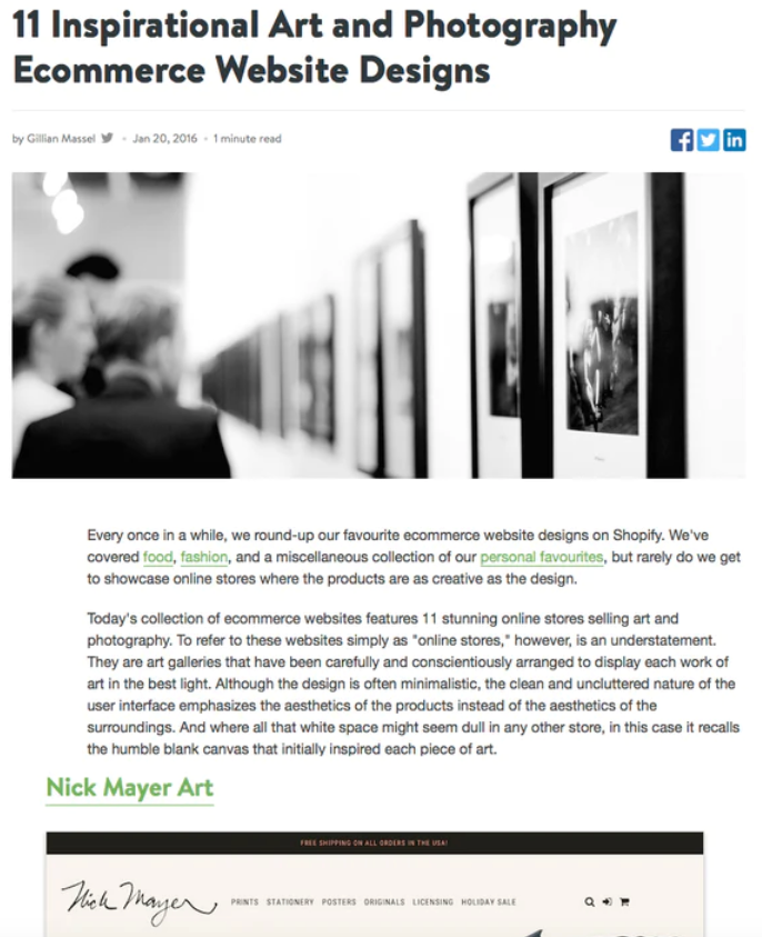 Nick Mayer Art featured in Shopify's 11 Inspirational Art Ecommerce Website Designs