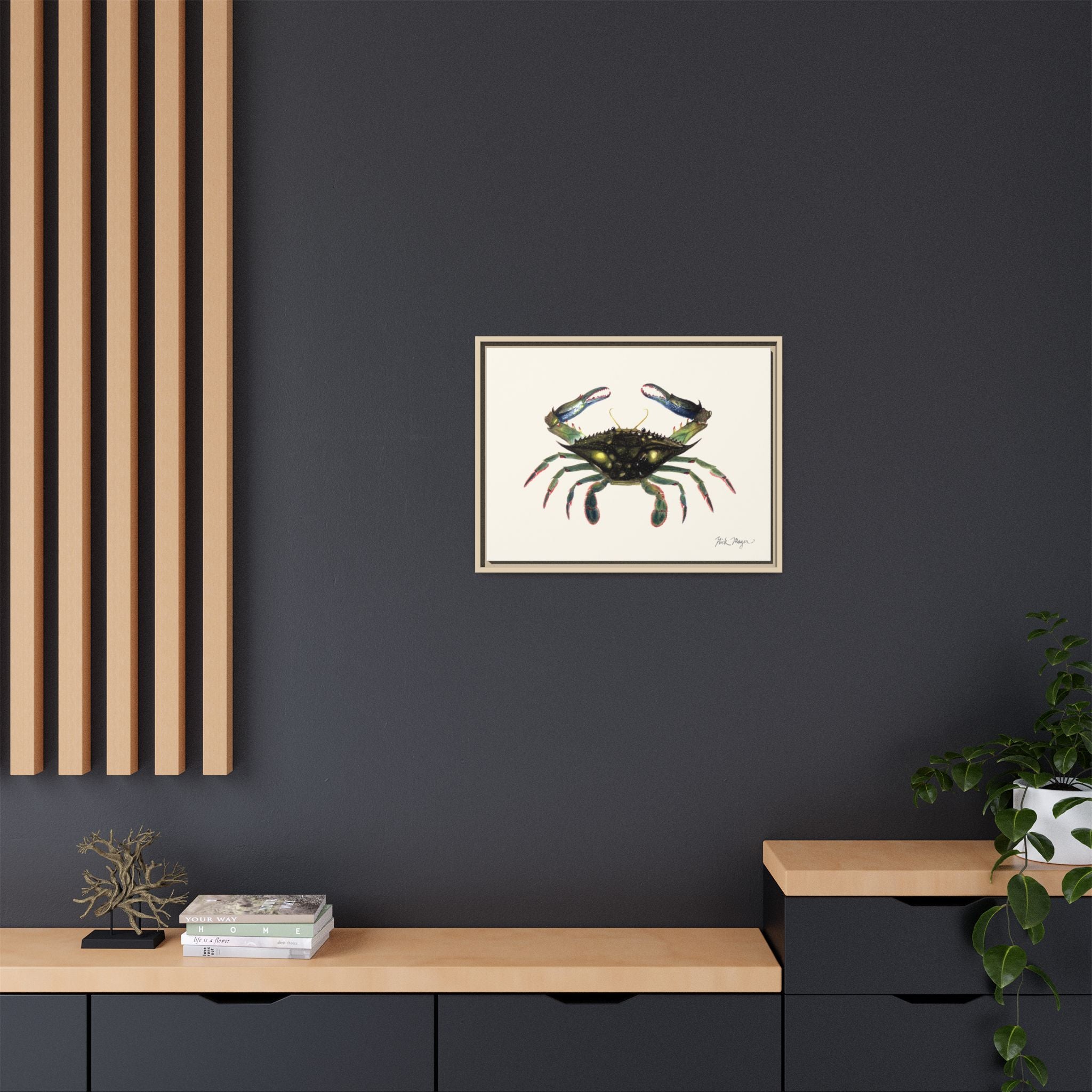 Blue Crab, Claws in Framed Canvas Print Printify