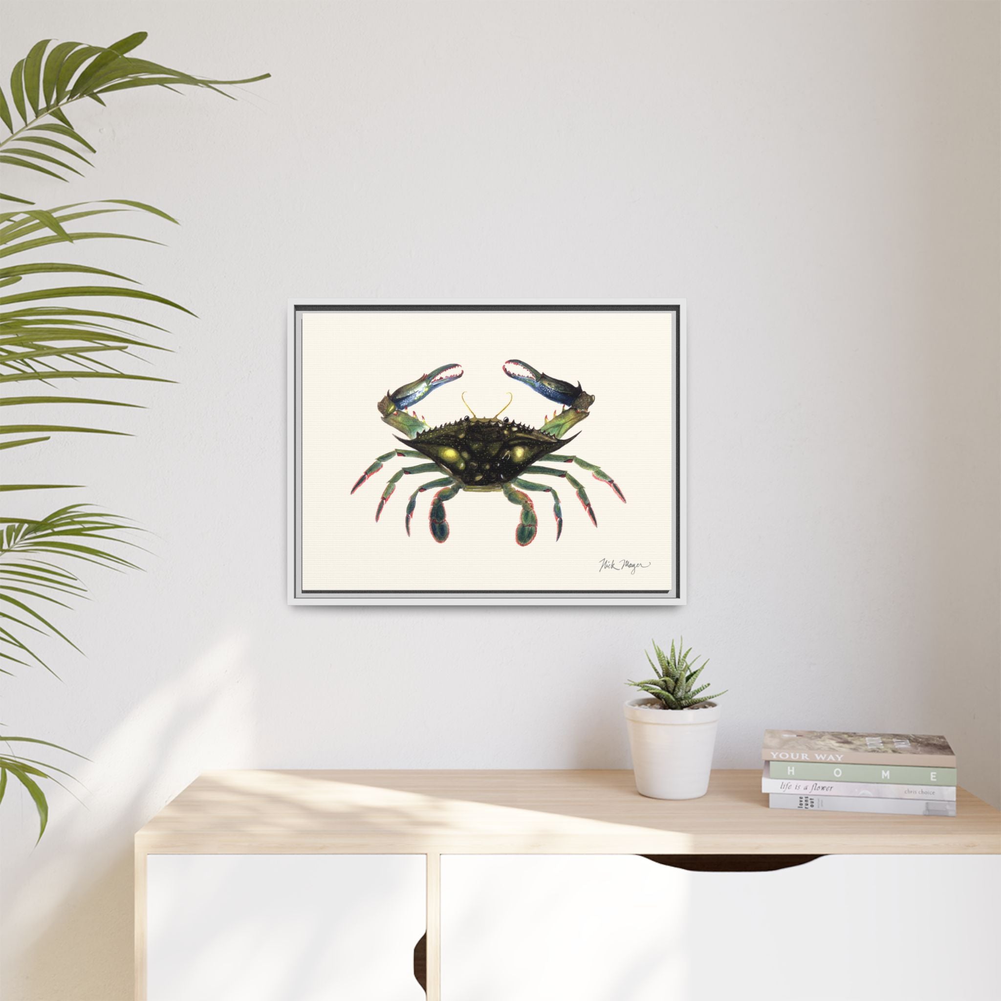 Blue Crab, Claws in Framed Canvas Print Printify