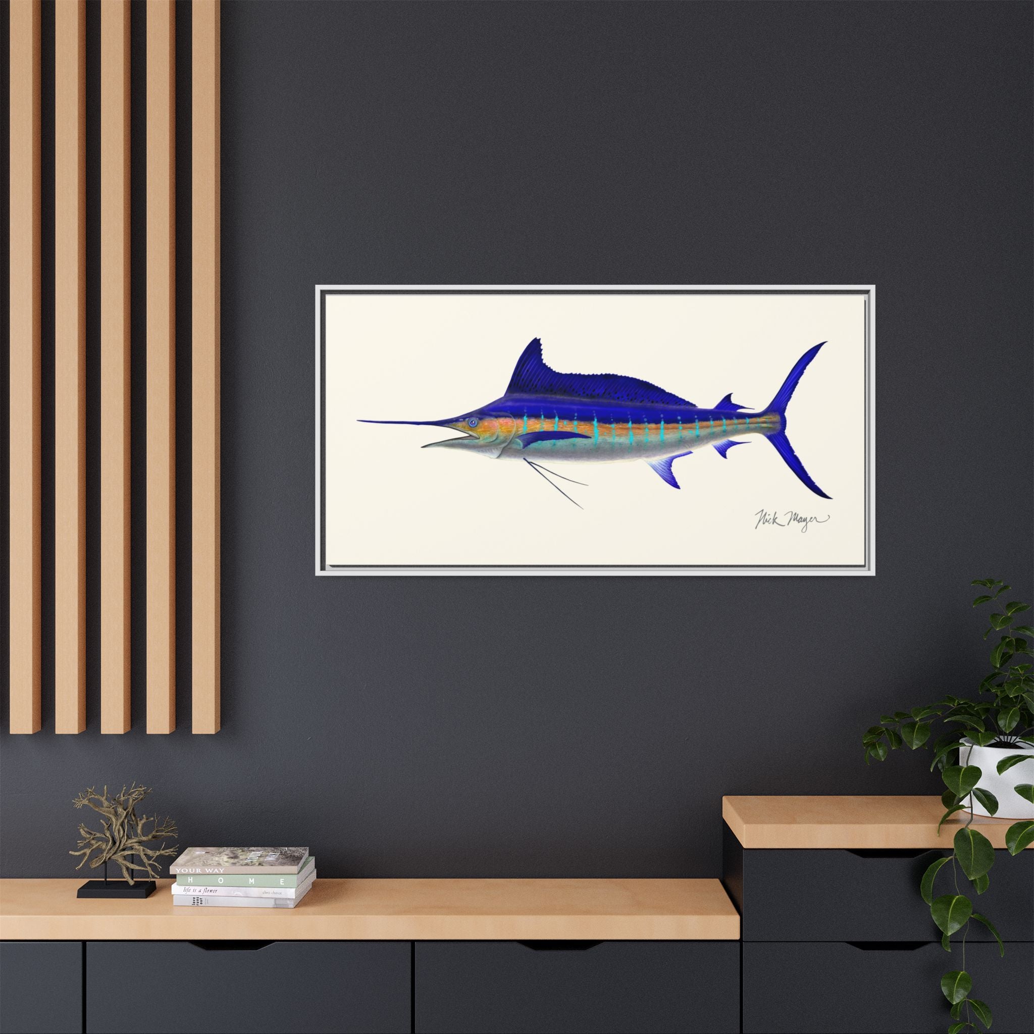 Striped Marlin Framed Canvas Print Printify