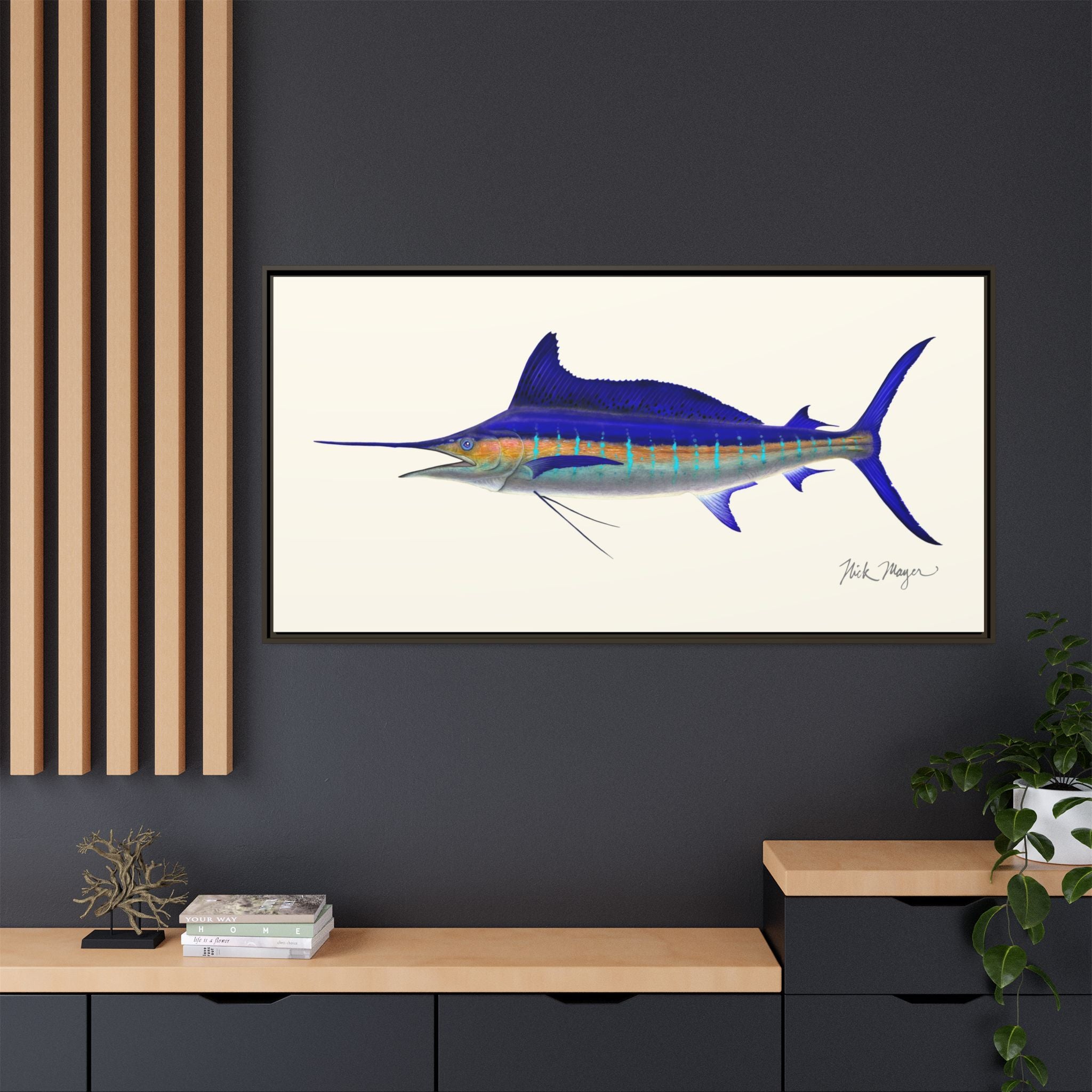 Striped Marlin Framed Canvas Print Printify