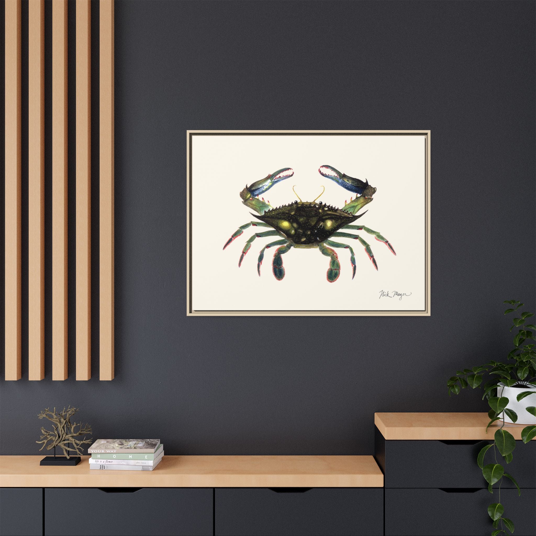 Blue Crab, Claws in Framed Canvas Print Printify