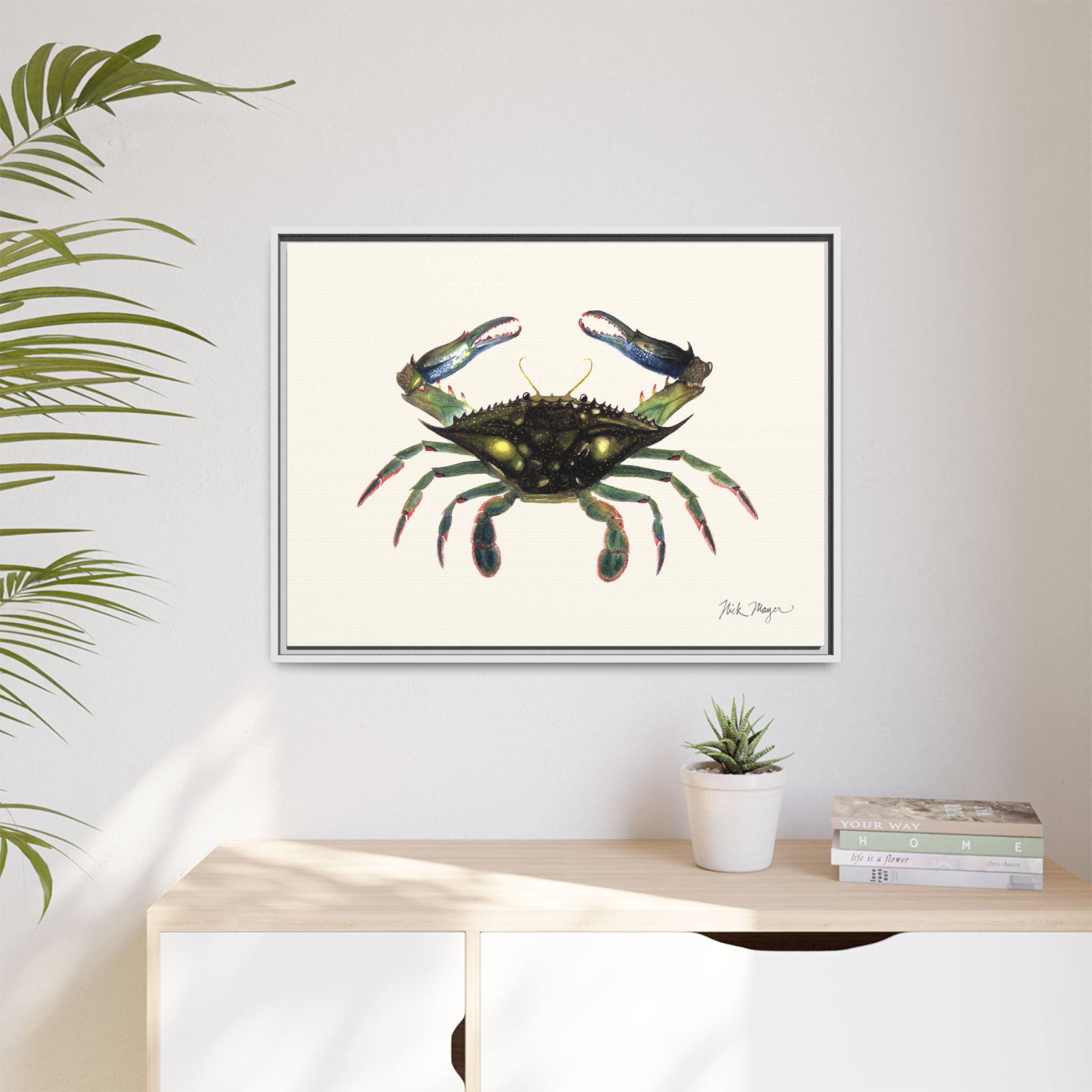 Blue Crab, Claws in Framed Canvas Print Printify