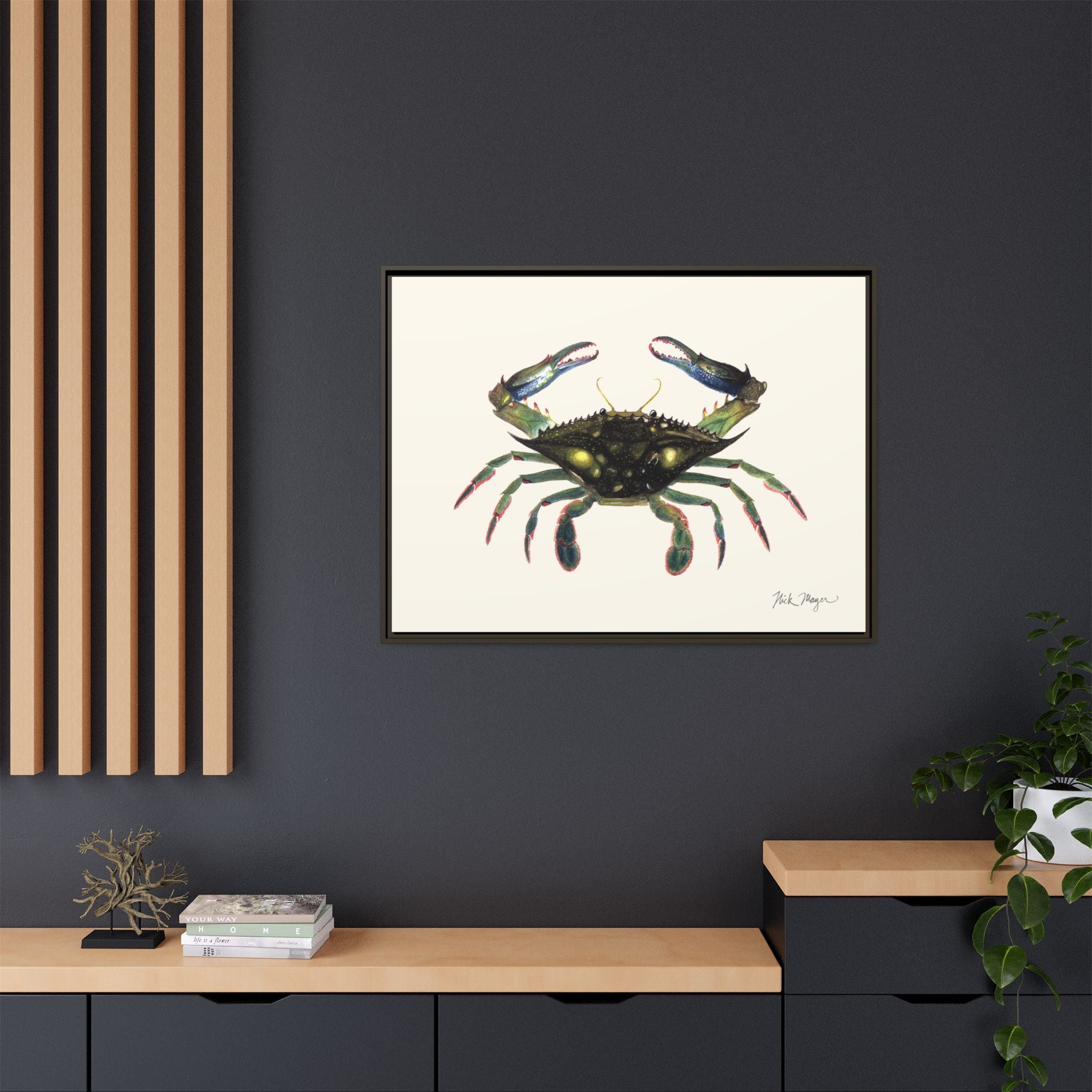 Blue Crab, Claws in Framed Canvas Print Printify