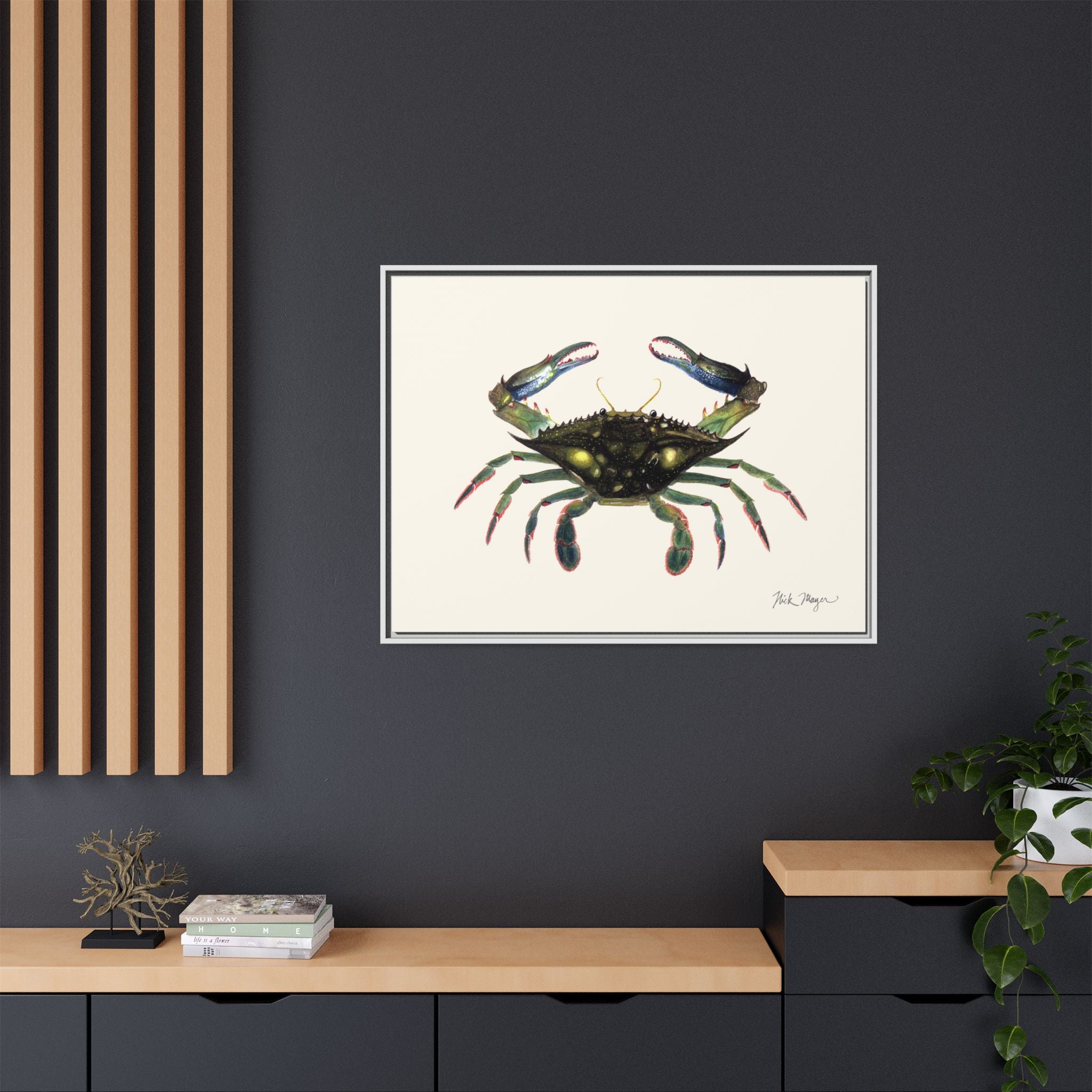 Blue Crab, Claws in Framed Canvas Print Printify