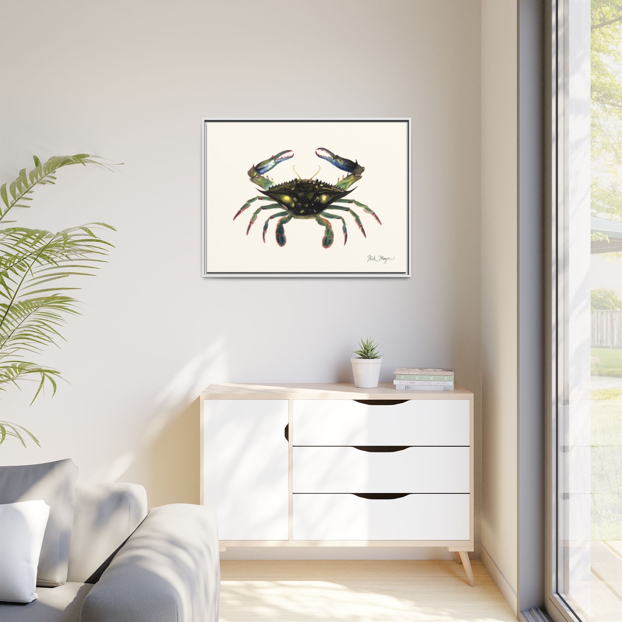 Blue Crab, Claws in Framed Canvas Print Printify