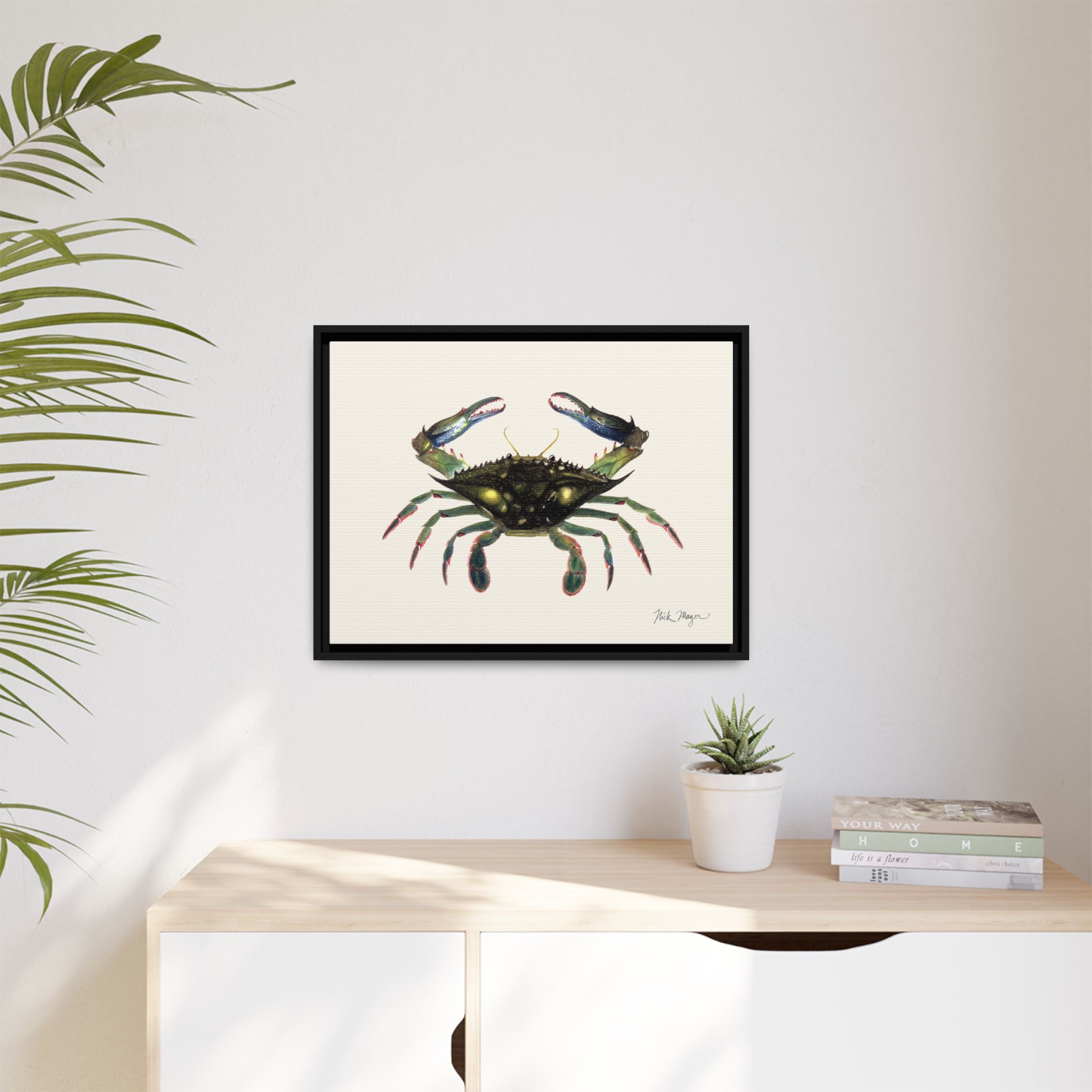 Blue Crab, Claws in Framed Canvas Print Printify