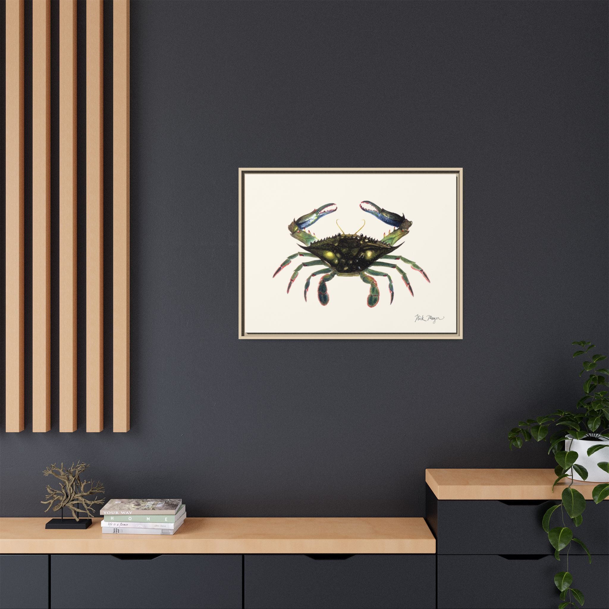 Blue Crab, Claws in Framed Canvas Print Printify