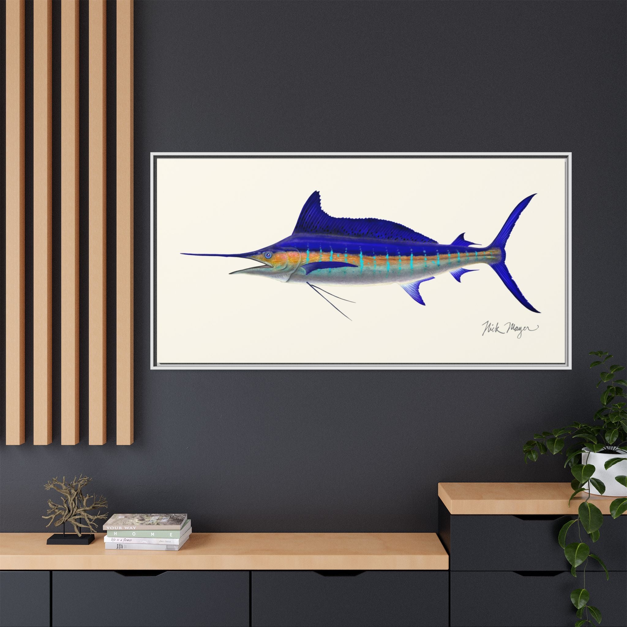 Striped Marlin Framed Canvas Print Printify