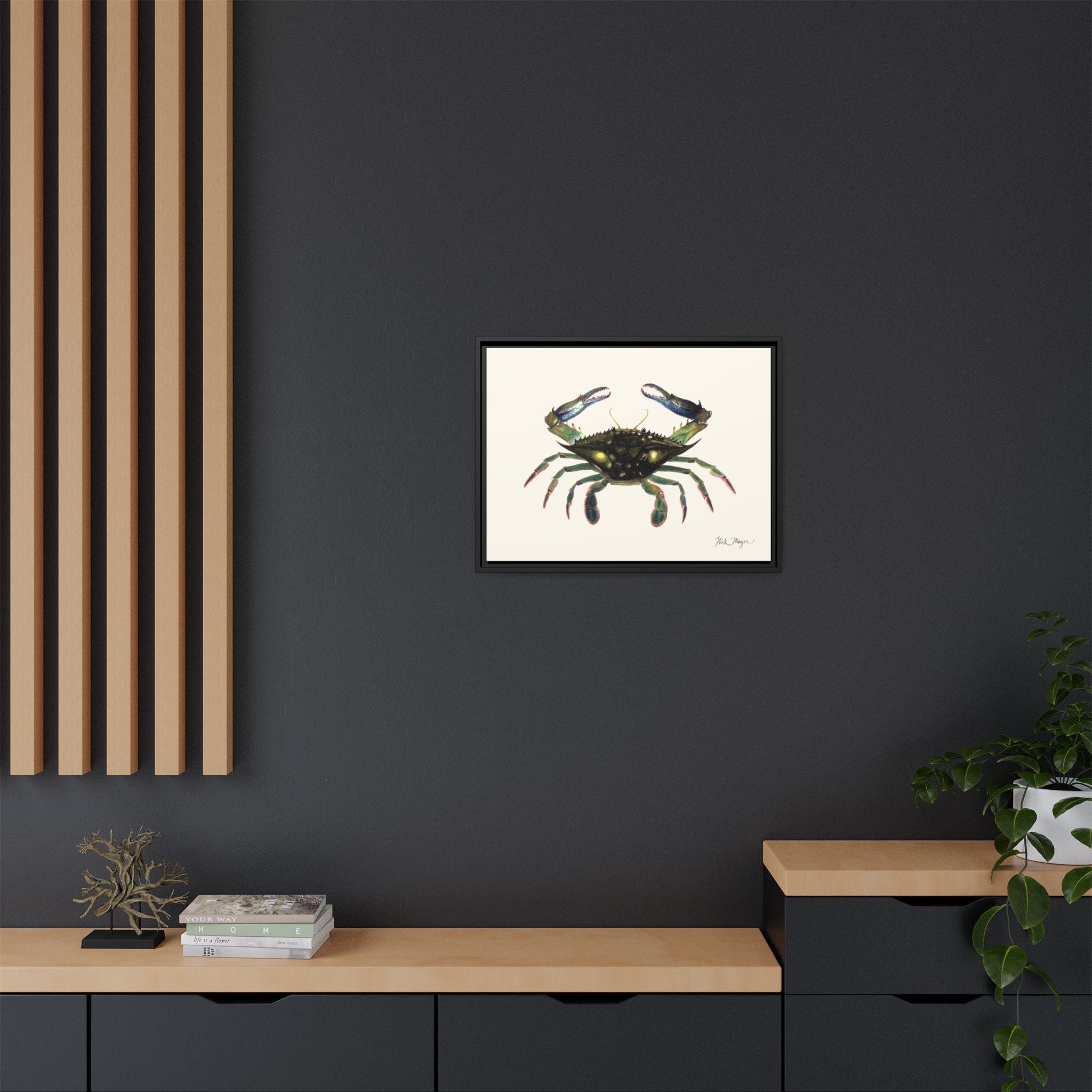 Blue Crab, Claws in Framed Canvas Print Printify