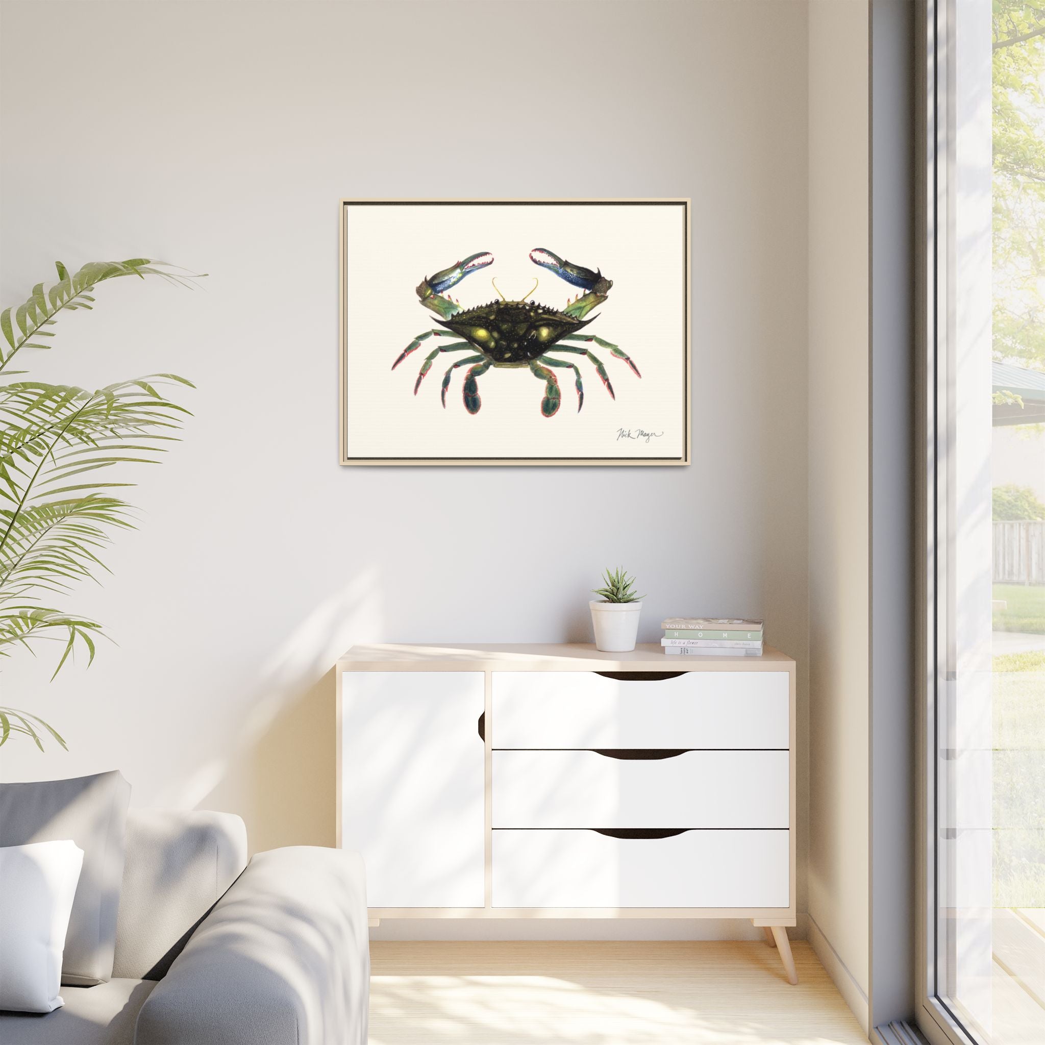 Blue Crab, Claws in Framed Canvas Print Printify