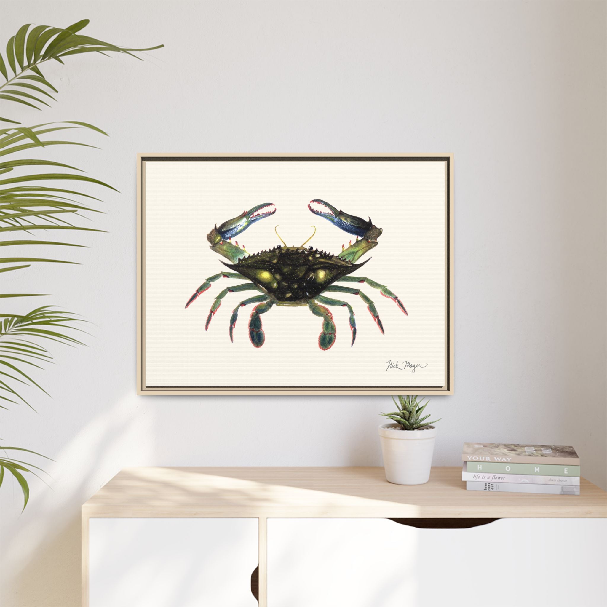 Blue Crab, Claws in Framed Canvas Print Printify