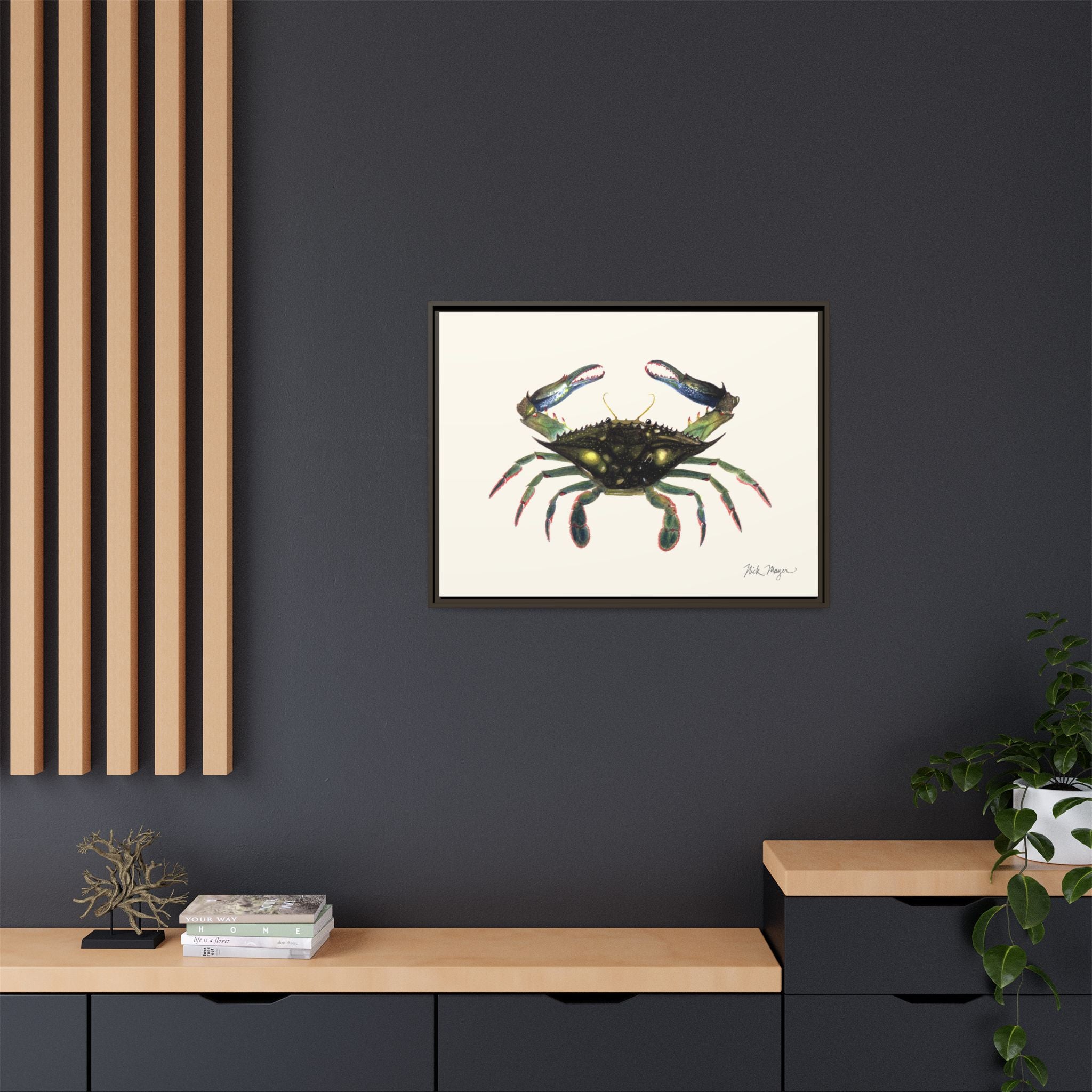 Blue Crab, Claws in Framed Canvas Print Printify