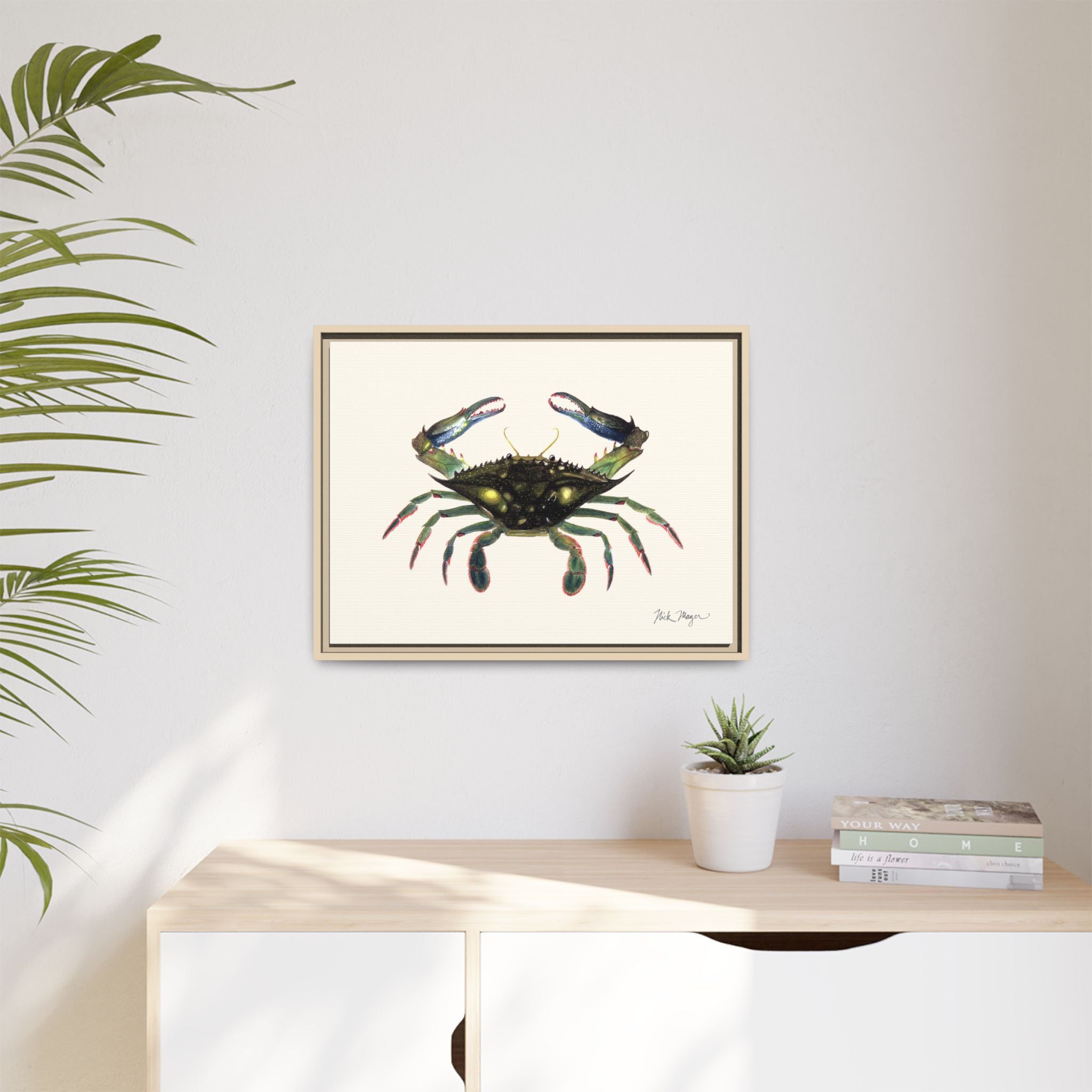 Blue Crab, Claws in Framed Canvas Print Printify