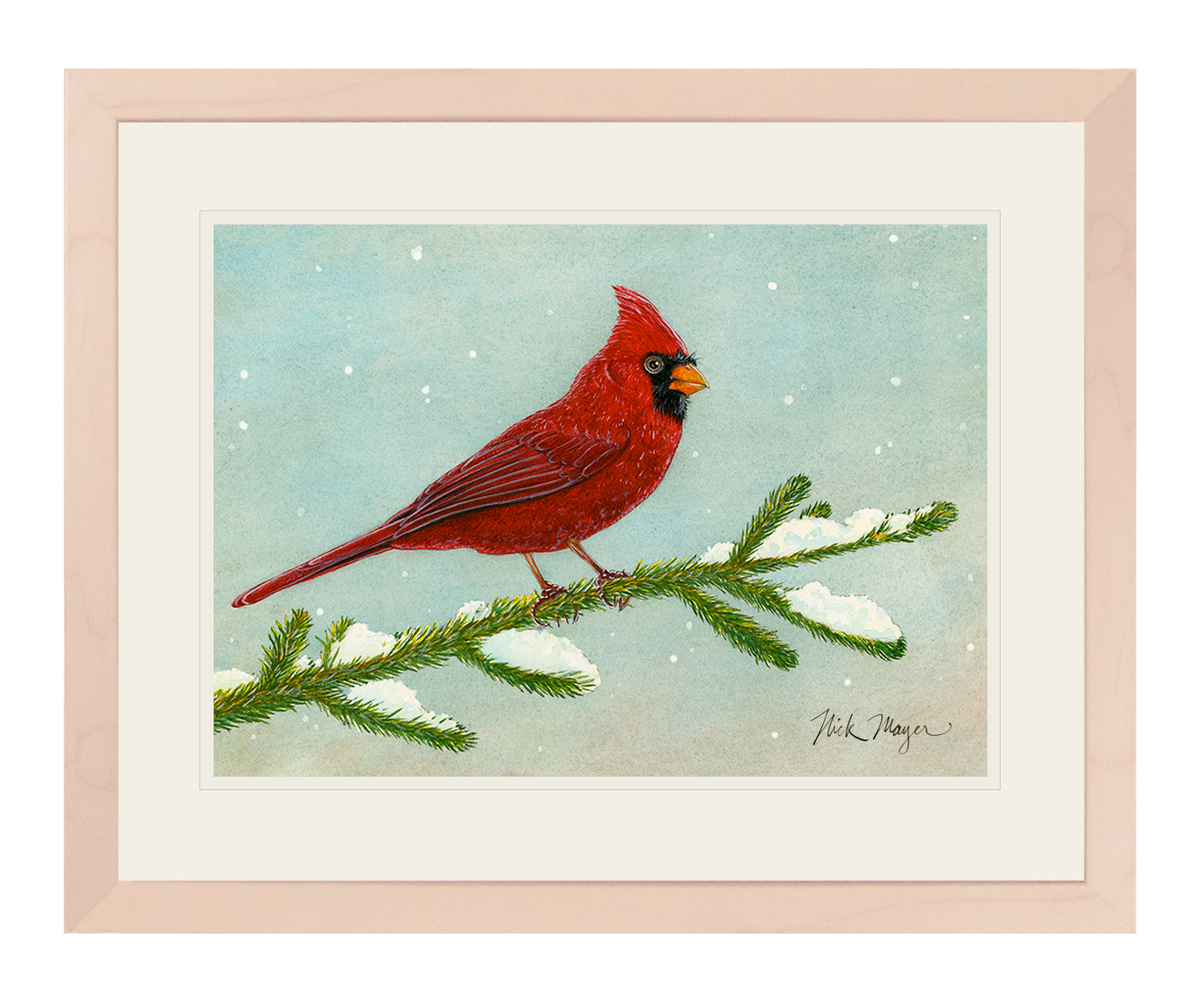 SNOWY CARDINAL: 11" x 14" FRAMED IN WHITEWASHED WOOD, 1 AVAILABLE, SHIPS MONDAY 12/18/23!